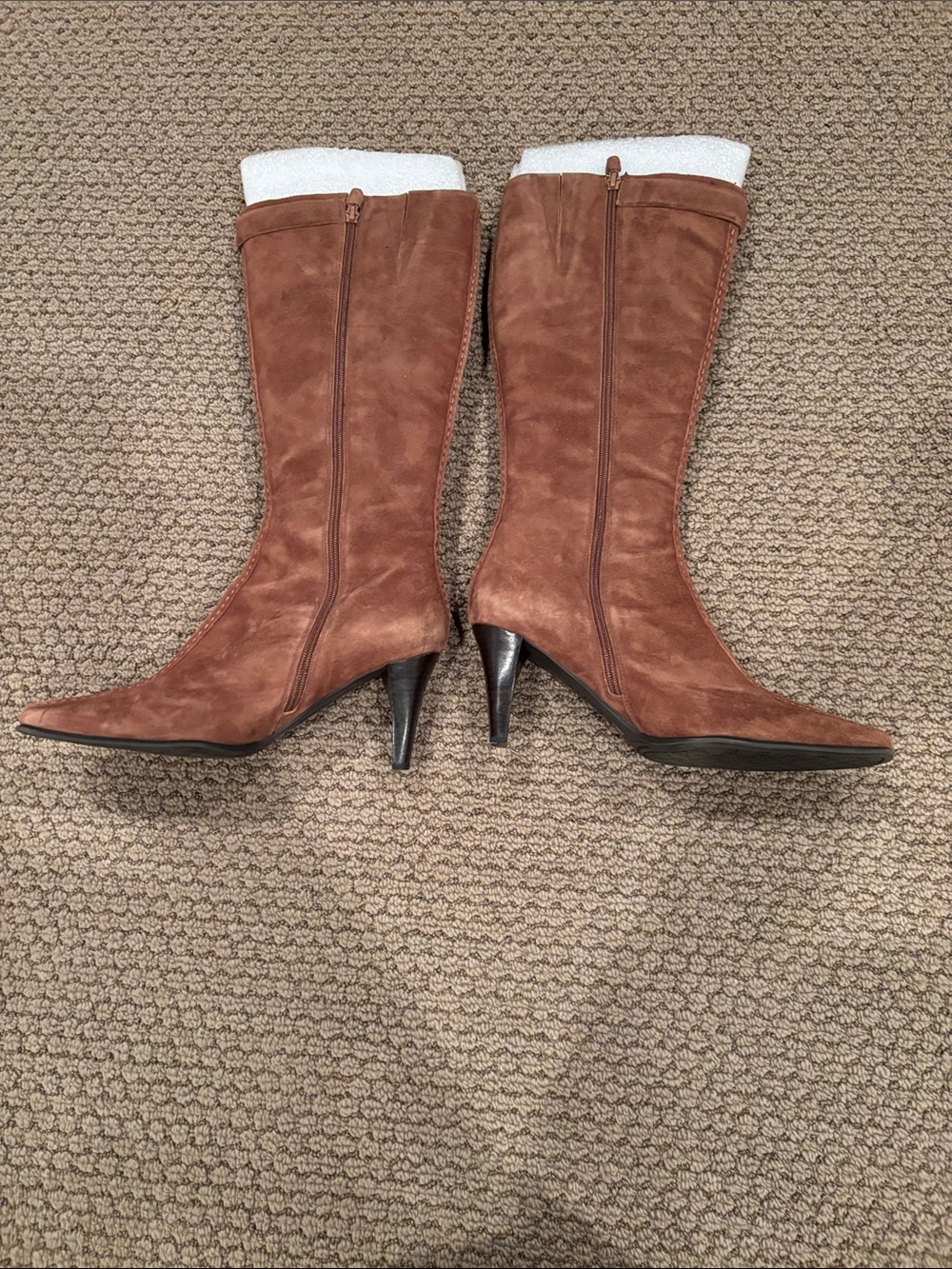 Franco Sarto Pointed-Toe Mid-Calf Suede Heeled Boots in Chestnut Brown